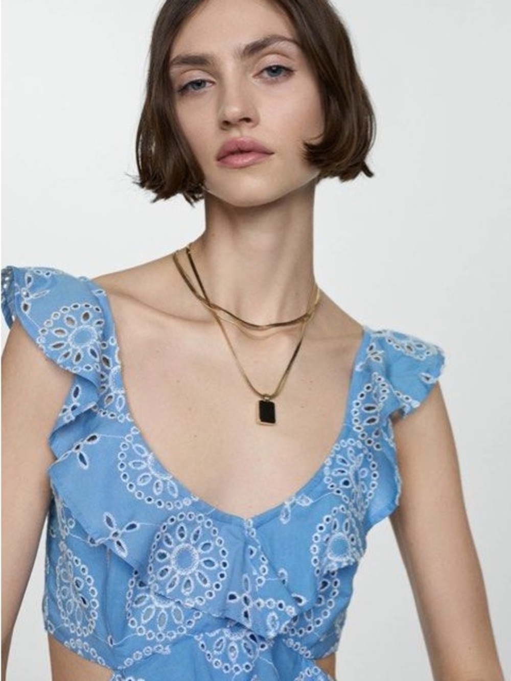 NWT Mango JULIET Openwork Detail Eyelet Ruffle Maxi Dress in Sky Blue - Picture 5 of 11